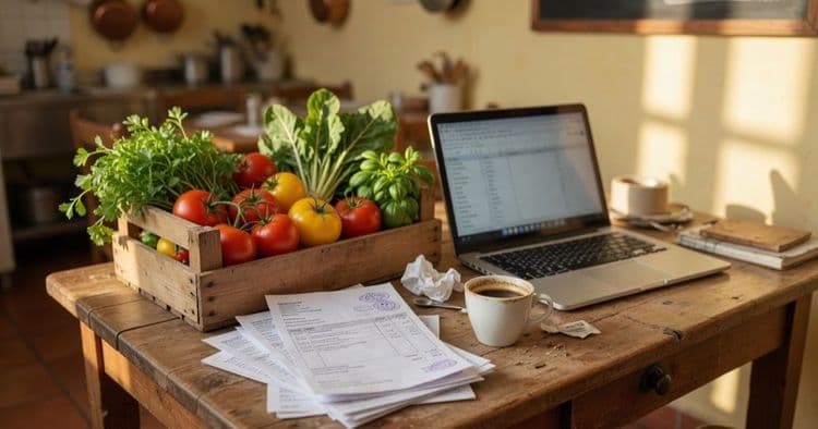 Restaurant owner's desk: paper invoices, a laptop and a crate of fresh vegetables in warm morning light